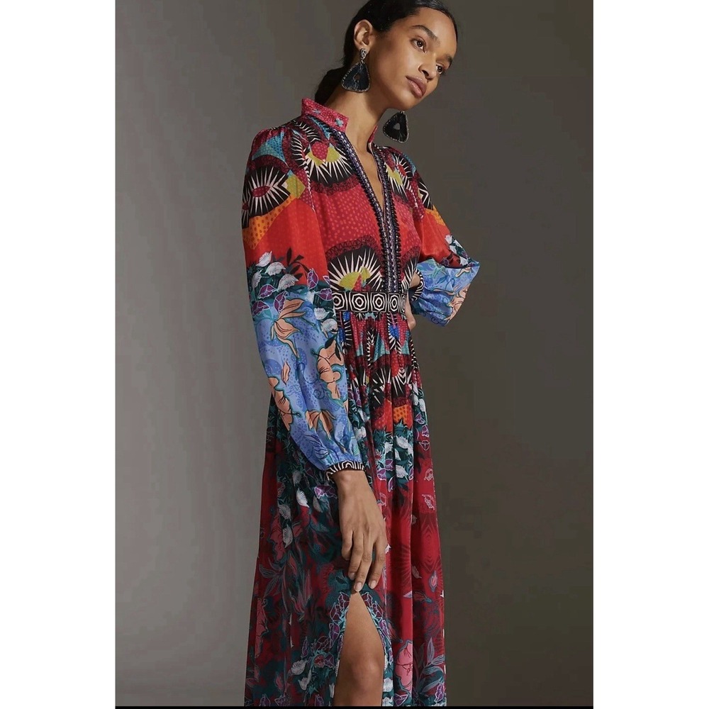 Anthropologie x Bhanuni by Jyoti Patterned Maxi Dress Size 2 Boho Hippie Fall